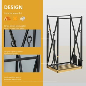 HOMCOM Suport pentru Lemne de Foc din Oțel, Suport pentru Lemne pentru Șemineu cu Vatrai, Perie și Clește, 46x30x76 cm, Negru | Aosom Romania