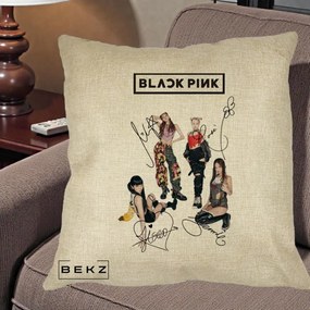 Perna Personalizata K-pop BLACKPINK Fotografie Grup Autografe Toate Membre, 40x40 cm, Crem, Husa Detasabila, Perna Inclusa, BEKZ®