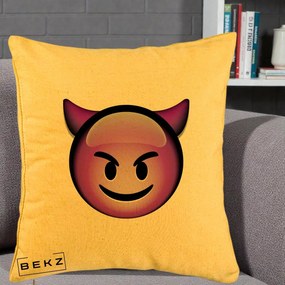 Perna Decorativa Emoji Diavol Mov, 40x40 cm, Galben, Husa Detasabila, Perna Inclusa, BEKZ®