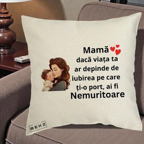 Cadou pentru Mama - Perna Personalizata Mama Nemuritoare cu Bebelus Lineart, 40x40 cm, Ecru, Husa Detasabila, Perna Inclusa, BEKZ®