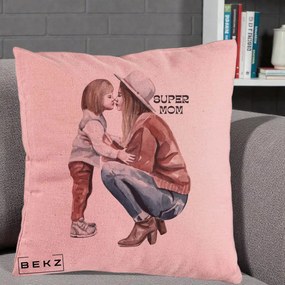 Cadou pentru Mama - Perna Personalizata Super Mom Acuarela, 40x40 cm, Roz, Husa Detasabila, Perna Inclusa, BEKZ®