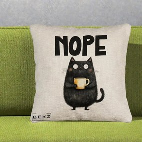 Perna Decorativa NOPE Pisica Neagra Cafea, 40x40 cm, Bej Canapea, Husa Detasabila, Perna Inclusa, BEKZ®