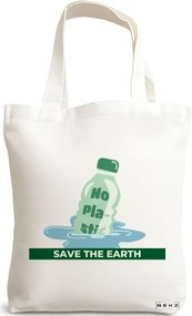 Sacosa de Panza pentru Cumparaturi, Geanta Tote, model No plastic - Save the earth, 38x34.5 cm, Alba, BEKZ®