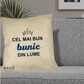Cadou pentru Bunic - Perna Personalizata Cel Mai Bun Bunic Din Lume Coroana Albastra, 40x40 cm, Crem, Husa Detasabila, Perna Inclusa, BEKZ®
