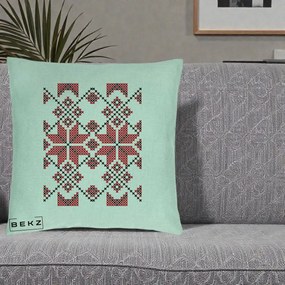 Perna Personalizata Motiv Traditional Cusatura Rosu-Negru, 40x40 cm, Verde Menta, Husa Detasabila, Perna Inclusa, BEKZ®