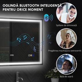 HOMCOM Oglindă Baie Bluetooth LED Antiabur Tactil | Aosom Romania