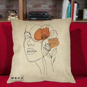 Perna Decorativa Portret Feminin Mac Profilat, 40x40 cm, Crem, Husa Detasabila, Perna Inclusa, BEKZ®