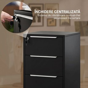 HOMCOM Fișet de Birou cu 3 Sertare, 4 Roți, Casetieră cu Încuietoare și 2 Chei, Negru | Aosom Romania