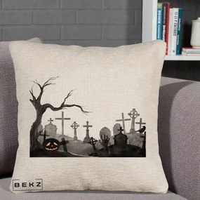 Perna Decorativa Halloween Cimitir Acuarela cu Dovleac, 40x40 cm, Bej Canapea, Husa Detasabila, Perna Inclusa, BEKZ®