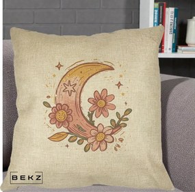 Perna Decorativa Luna Florala Boho, 40x40 cm, Crem, Husa Detasabila, Perna Inclusa, BEKZ®