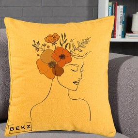 Perna Decorativa Portret Feminin Flori Galbene-Portocalii, 40x40 cm, Galben, Husa Detasabila, Perna Inclusa, BEKZ®