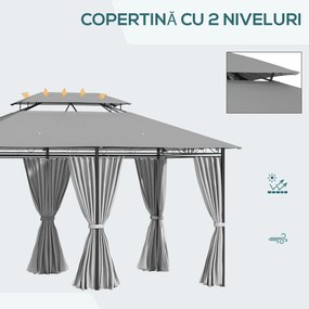 Outsunny Gazebo 4x3 m cu 6 Perdele și Acoperiș cu 2 Niveluri, din Oțel și Poliester, Gri Închis | Aosom Romania