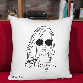 Perna Decorativa Beauty Girl Line Art, 40x40 cm, Alb Pufos, Husa Detasabila, Perna Inclusa, BEKZ®