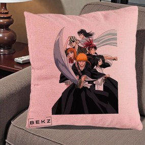Perna Personalizata Bleach Grup Complet Ichigo si Prietenii, 40x40 cm, Roz, Husa Detasabila, Perna Inclusa, BEKZ®