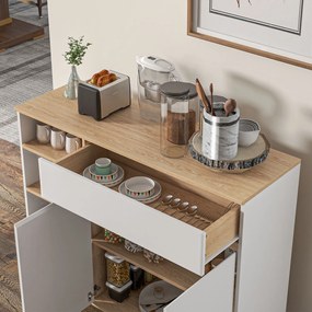 HOMCOM Bufet mobilier de depozitare bucătărie stil scandinav 1 placard dublă ușă 1 sertar și 4 nișe rafturi reglabile alb | Aosom Romania