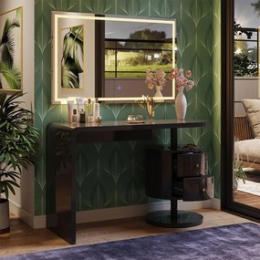 Masuta machiaj cu Oglinda LED si 2 Sertare pentru Cosmetice, Set Masa toaleta 120 cm, Negru, masuta cosmetica, vanity - SEN257