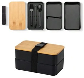 Cutie de pranz DUO LUNCH cu tacamuri, negru/bambus