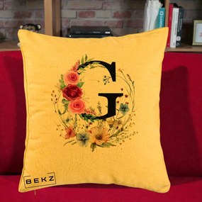 Cadou Personalizat - Perna Personalizata Monogram Litera G cu Flori Acuarela, 40x40 cm, Galben, Husa Detasabila, Perna Inclusa, BEKZ®