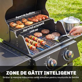 Outsunny Grătar pe Gaz Protan cu 2 Arzătoare, Portabil, Termometru, Negru | Aosom Romania