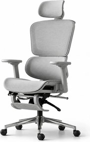 AERION – Scaun ergonomic, spătar ergonomic segmentat, suport lombar 3D, tetieră reglabilă, cotiere 3D, suport pentru picioare, înclinare până la 145°, bază metalică, Mesh, Gri