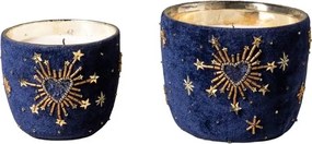 Set 2 lumânări decorative din sticlă și catifea albastră, brodate cu inimi și stele aurii, finisaj catifelat, 12 x 13 cm, „Nuit”