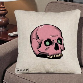 Perna Decorativa Craniu Roz Tatoo Art Halloween, 40x40 cm, Bej Canapea, Husa Detasabila, Perna Inclusa, BEKZ®