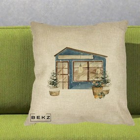 Perna Decorativa Casa de Iarna Watercolor, 40x40 cm, Crem, Husa Detasabila, Perna Inclusa, BEKZ®