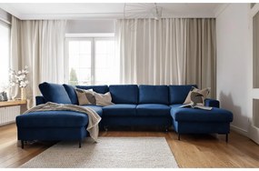 Colțar albastru închis extensibil cu tapițerie din catifea reiată (cu colț pe partea stângă ) Lofty Lilly – Miuform