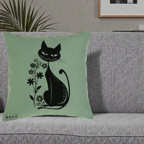 Perna Decorativa Pisica Neagra Grafica Minimalista, 40x40 cm, Verde, Husa Detasabila, Perna Inclusa, BEKZ®