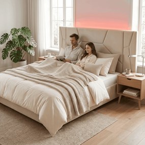 Pat cu somieră şi iluminare LED, 160x200, ţesătură Velvet bej, ALTESA