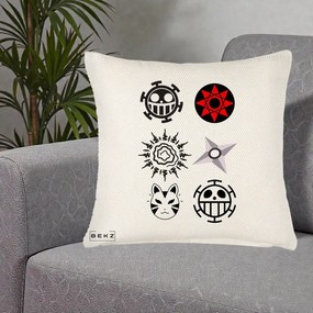 Perna Personalizata Simboluri Anime Mix - Naruto One Piece, 40x40 cm, Crem Reliefat, Husa Detasabila, Perna Inclusa, BEKZ®