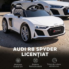 AIYAPLAY Mașină Electrică pentru Copii 12 V Audi R8 Spyder, 3+ Ani, 3-5 km/h, 2 Motoare și Telecomandă, Albă | Aosom Romania
