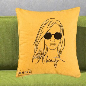 Perna Decorativa Beauty Girl Line Art, 40x40 cm, Galben, Husa Detasabila, Perna Inclusa, BEKZ®