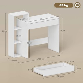 HOMCOM Compact Computer Desk with 3 Storage Shelves and Drawer, Space Saving Writing Desk, Study Table for Home Office, 110 x 40 x 92 cm, White | Aosom Romania