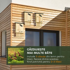 PawHut Set de 3 Adăposturi pentru Liliac din Lemn de Brad pentru Exterior, 25x6x37.5 cm, Lemn Natural | Aosom Romania