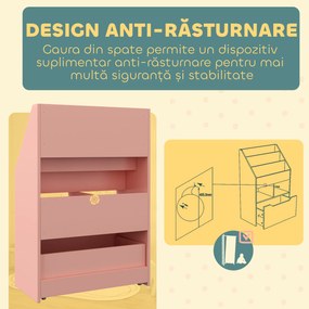 HOMCOM Bibliotecă pentru Copii cu Rafturi, Sertar și Roți, Raft pentru Jucării și Cărți, 60x29.9x90 cm, Roz | Aosom Romania