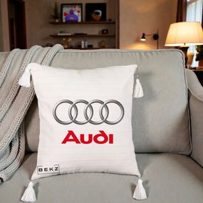 Perna Personalizata cu emblema Audi, 40x40 cm, Bej cu Franjuri, Husa Detasabila, Perna Inclusa, BEKZ®