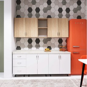 Bucatarie 200cm DARIA, Culoare ALB - SONOMA, Material PAL 18mm, Blat Termorezistent de 2,8 cm