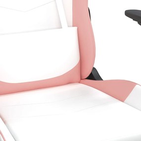 Scaun de gaming cu suport picioare, alb roz, piele ecologica 1, Alb si roz, Cu suport de picioare