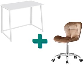 Set pentru birou – birou pliabil ZARIMO 80×40 cm alb + scaun de birou AVOLA VELVET maro deschis