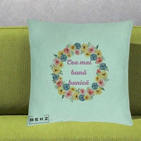 Cadou pentru Bunica - Perna Personalizata Cea Mai Buna Bunica Coronita Flori Multicolore, 40x40 cm, Verde Menta, Husa Detasabila, Perna Inclusa, BEKZ®