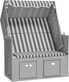 vidaXL Scaun de plajă cu baldachin,gri&alb, poliratan și lemn masiv