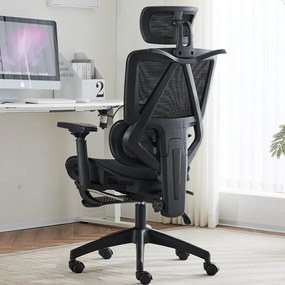 Scaun ergonomic, suport lombar dinamic, tetieră 3D, cotiere 3D, umeras, suport picioare, Mesh, Negru