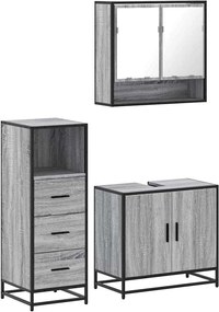 vidaXL Set mobilier de baie, 3 piese, gri sonoma, lemn prelucrat