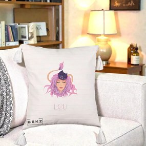 Perna Personalizata Zodie Leu, 40x40 cm, Bej cu Franjuri, Husa Detasabila, Perna Inclusa, BEKZ®