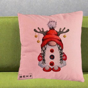 Perna Decorativa Pitic Gnom Craciun cu Coarne de Ren, 40x40 cm, Roz, Husa Detasabila, Perna Inclusa, BEKZ®