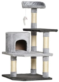 PawHut Copac pentru Pisici cu 3 Niveluri cu Soricel Gri, 48x48x100cm