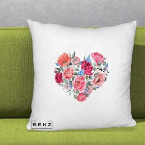 Perna Decorativa Inima din Bujori Acuarela, 40x40 cm, Alb Pufos, Husa Detasabila, Perna Inclusa, BEKZ®