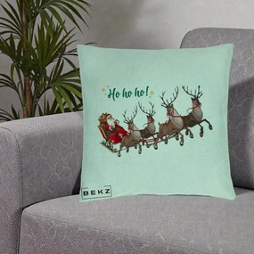 Perna Decorativa Ho Ho Ho Mos Craciun cu Sanie si Reni, 40x40 cm, Verde Menta, Husa Detasabila, Perna Inclusa, BEKZ®