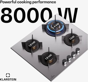 Klarstein Goldflame 4, plită cu gaz, 4 arzătoare, autonomă, gaz natural/propane, oțel inoxidabil